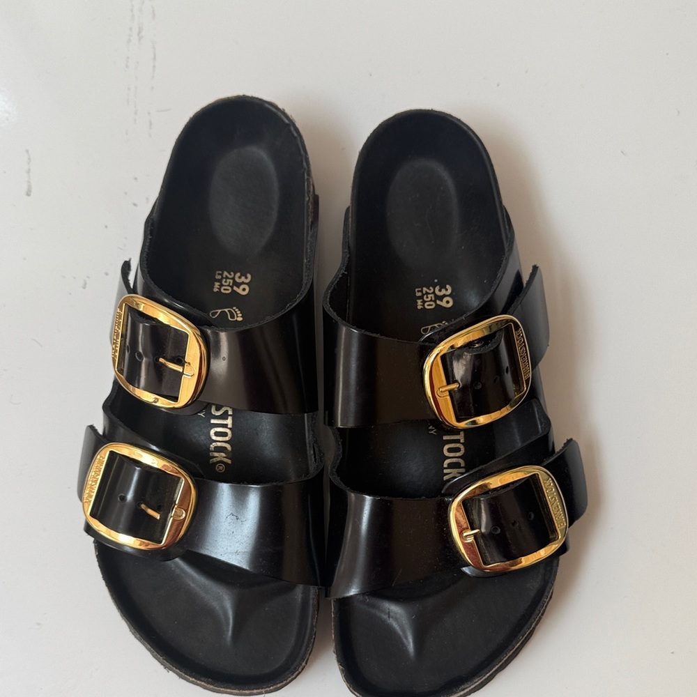 Birkenstock Black Slides with Gold Accents